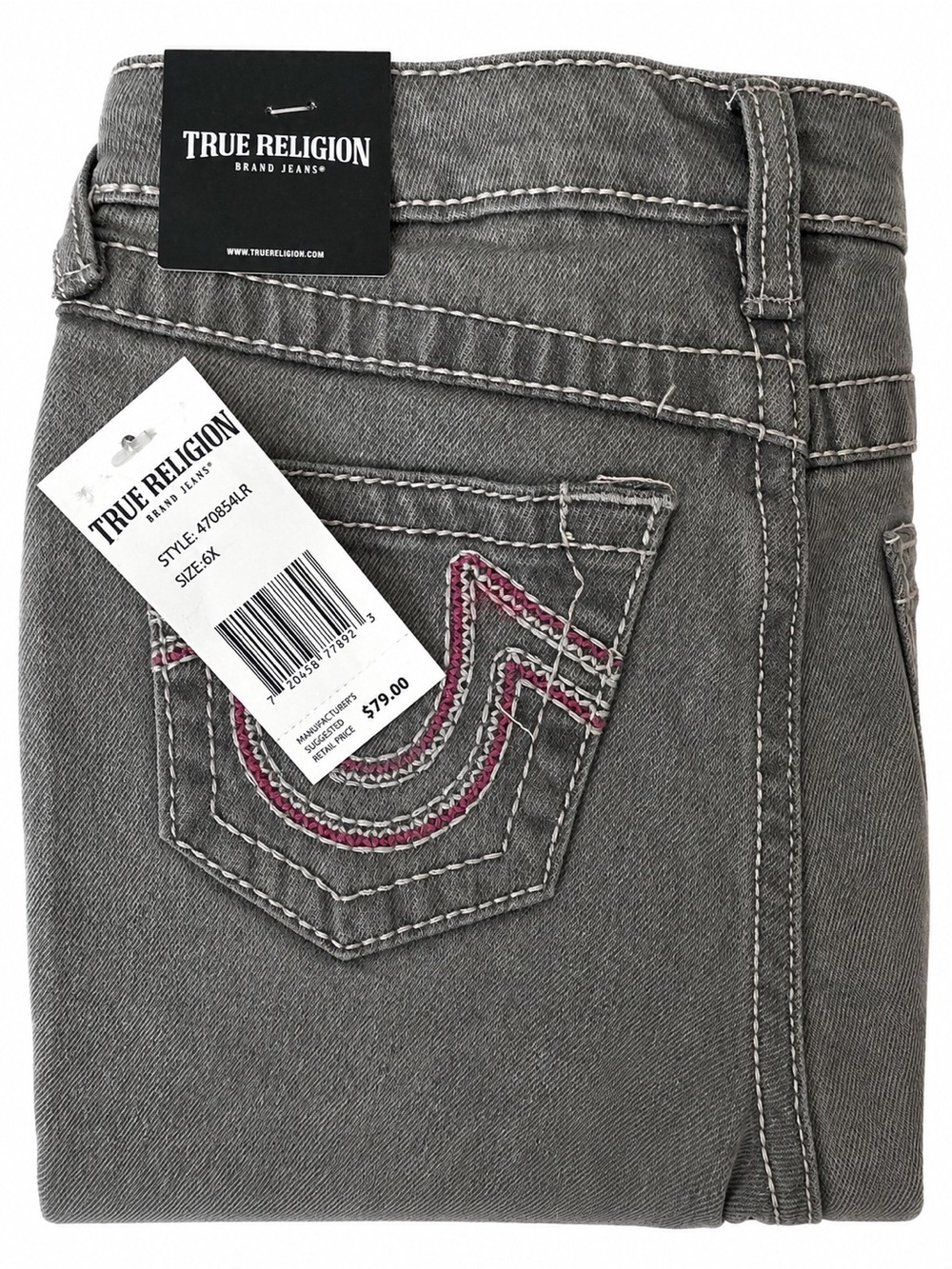 True Religion Girls Size 6X Gray Bootcut Jeans Pink Stitching NWT (Cross Posted)